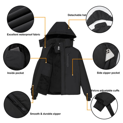 CAMEL CROWN Men's Mountain Snow Waterproof Ski Jacket Detachable Hood Windproof Fleece Parka Rain Jacket Winter Coat Black XX-Large