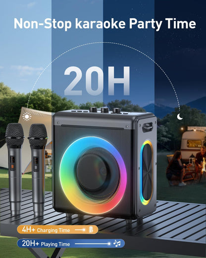 Karaoke Machine with 2 Wireless Rechargeable Microphones: Portable Bluetooth Speaker for Adults & Kids - PA System with Lights Supports TWS/TF Card/USB/AUX for Home Party