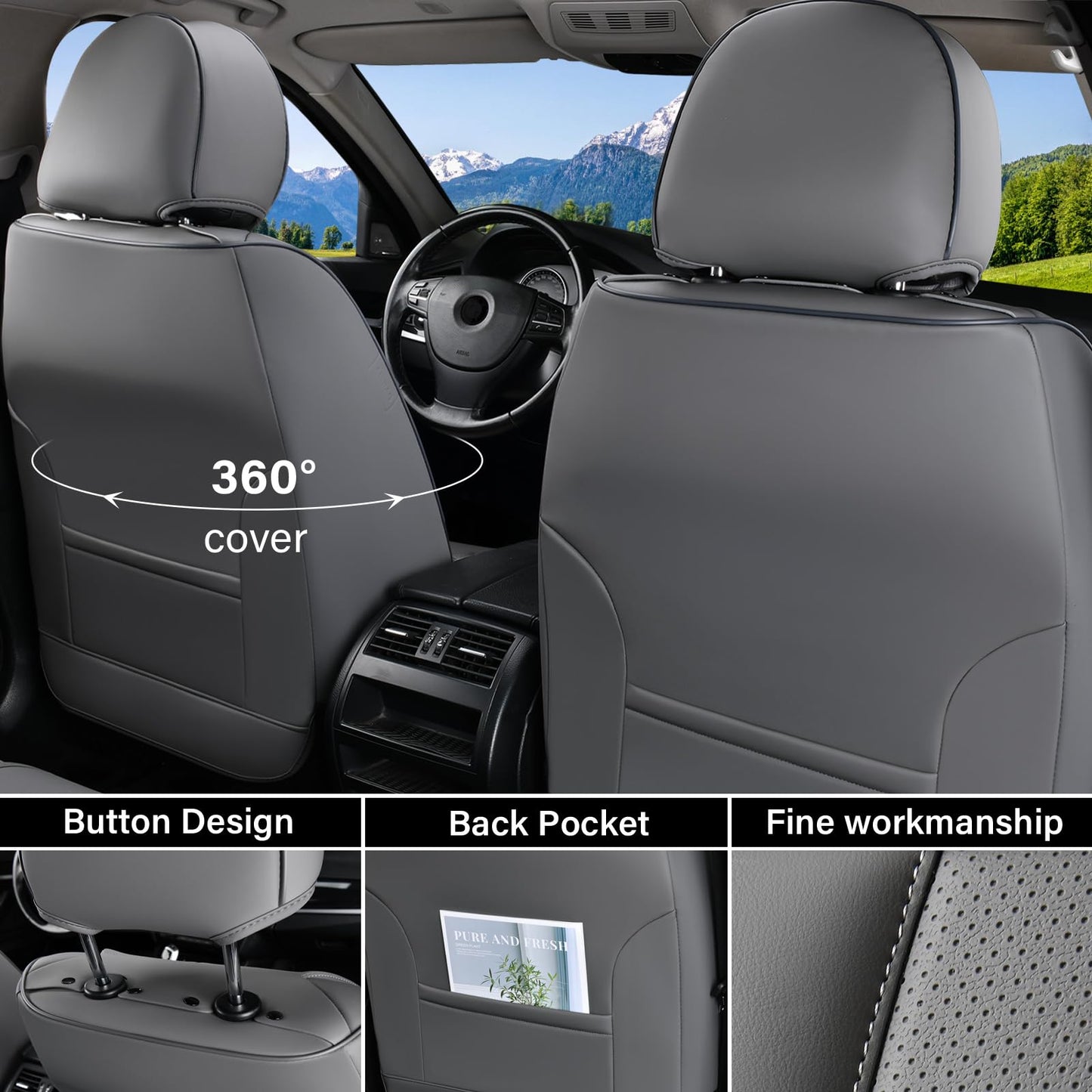 Coverado Car Seat Cover Full Set, Gray Seat Covers Front Seats Back Seat Covers, Nappa Leather Waterproof, Car Seat Cushion, Car Seat Protector Universal Fit Most Cars