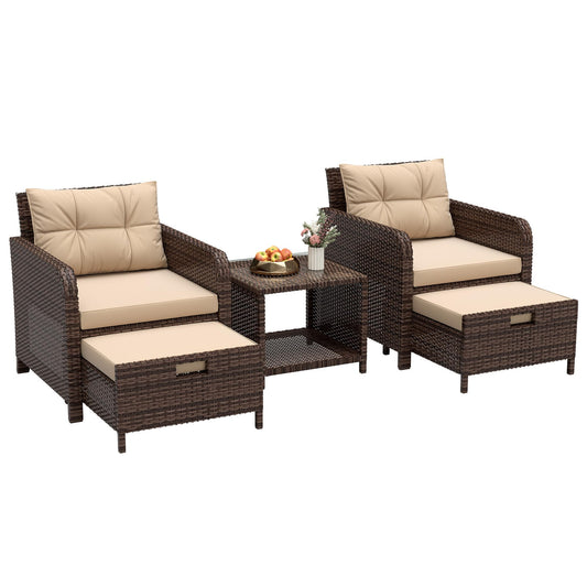 LHBcraft Outdoor Furniture 5 Piece Patio Conversation Set, PE Rattan Patio Set with Soft Cushions & Coffee Table, Outside Furniture with Hidden Ottoman for Porch, Lawn, Garden, Balcony, Brown
