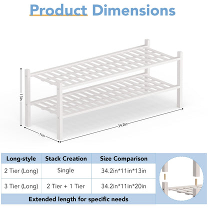 Haddockway Long 2 Tier Bamboo Shoe Rack Storage Organizer, Multifunctional Free Standing Stackable Shoe Shelf with Grid Panel for Closet,Hallway,Entryway,Small Space 34.2"x11"x13"
