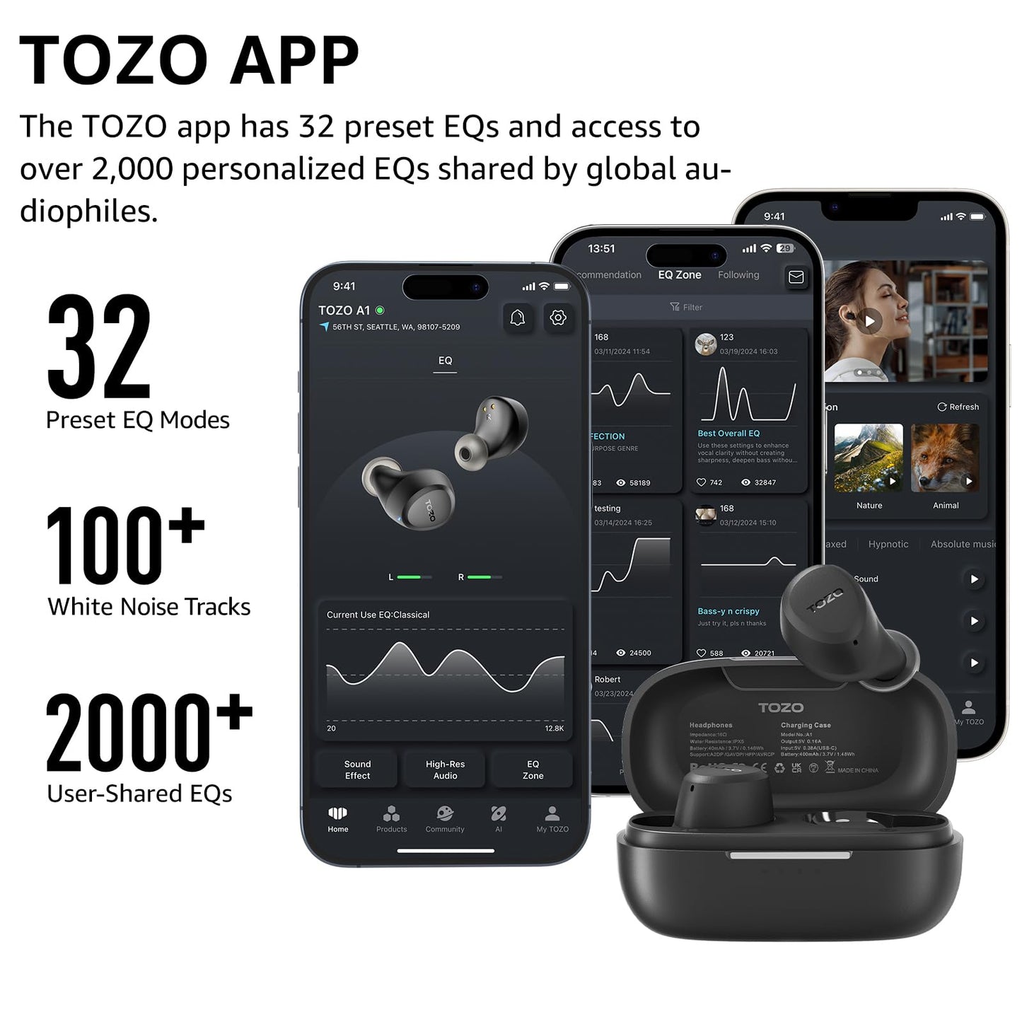 TOZO A1 Wireless Earbuds Bluetooth 5.3 Light Weight in Ear IPX5 Waterproof Headphones 2 Mic for AI Calls, Immersive Premium Sound Bass Headset with Charging Case, 32 Presets EQ Customization via App