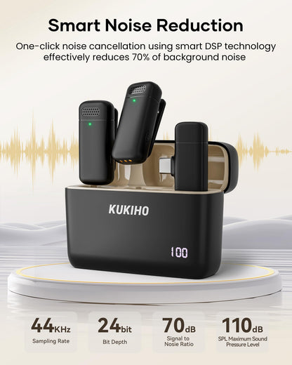 KUKIHO Wireless Lavalier Microphone with Charging Case, 36H Battery Life, Noise Cancellation, 135ft Range, Plug-and-Play Clip-On Mic for iPhone, iPad, Android, YouTube, Vlog, Live Streaming