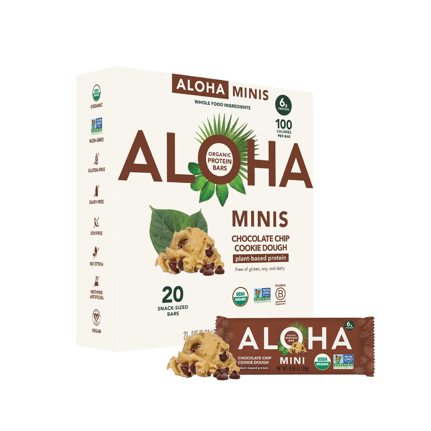 ALOHA Organic Plant Based Protein Bar MINIS |Chocolate Chip Cookie Dough| 20 Count, 24g Bars | Vegan, Low Sugar, Gluten Free, Paleo, Low Carb, Non-GMO, Stevia Free, Soy Free, No Sugar Alcohols