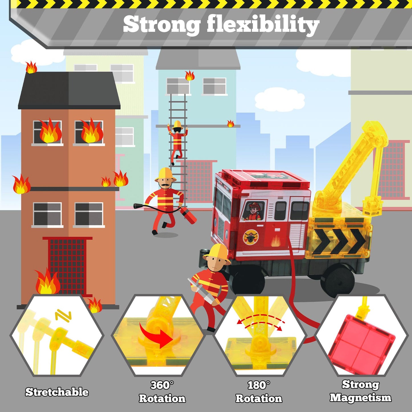 Magnetic Tiles for Kid, Construction Magnet Tiles with Fire Truck & Station, Building, Road, Crane, and Car Toys - Educational Travel Magnetic Tiles for Kids Ages 4-8, STEM Toys for 3+ Year Old
