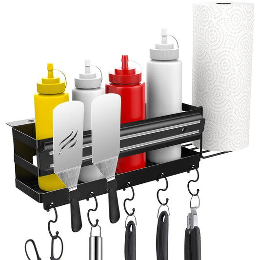 RUSFOL 3-in-1 Stainless Steel Griddle Caddy with Magnetic BBQ Utensil Strip and Paper Towel Holder for 28"/36" Blackstone Griddles,Space Saving BBQ Accessories Storage Box,Easy install&Free from Drill