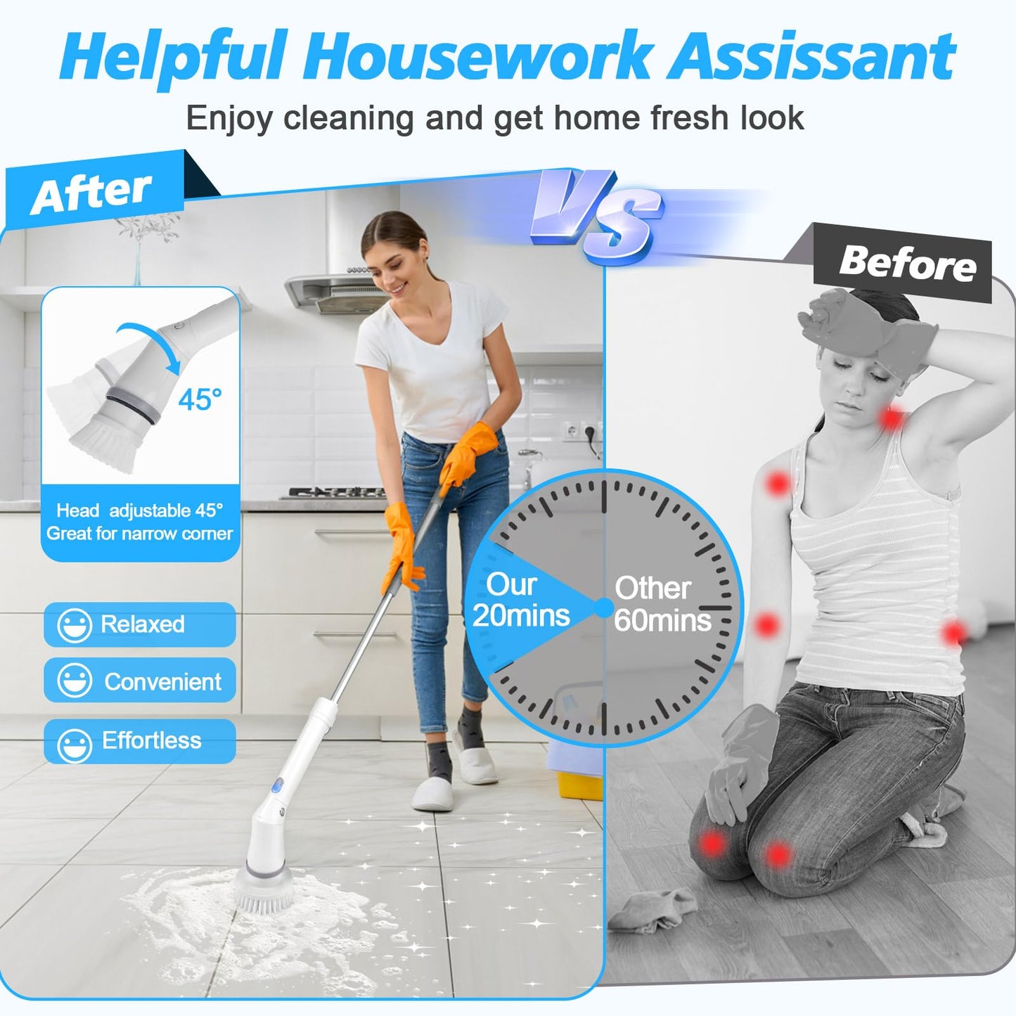 Qimedo Upgrade Rechargeable Electric Scrubber for Cleaning, 45-inch Handheld Spin Scrubber with Extended Long Handle, Cordless Power Dish Scrubber with 6 Brushes for Bathtub Grout Tile Floor