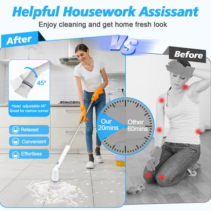 Qimedo Upgrade Rechargeable Electric Scrubber for Cleaning, 45-inch Handheld Spin Scrubber with Extended Long Handle, Cordless Power Dish Scrubber with 6 Brushes for Bathtub Grout Tile Floor