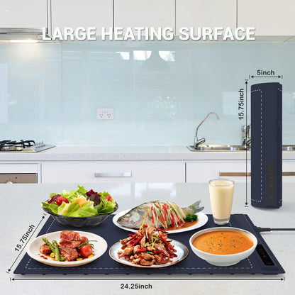 Electric Warming Tray - 3 Modes &Full Surface Heating,Rollable & Portable,Premium Silicone Nano-Material,3 Temperature Settings,Auto Shut-Off -Versatile Food Warmer for Gatherings,Parties (Dark Blue)