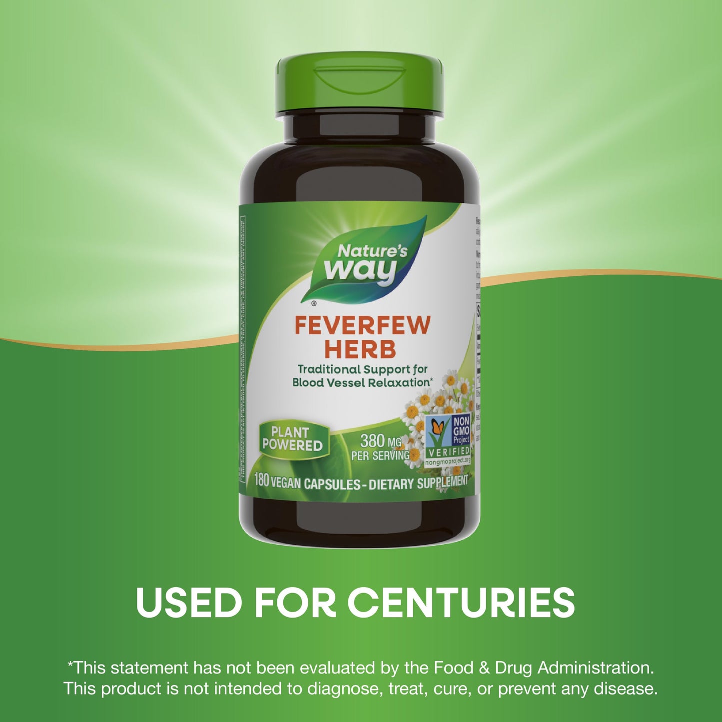 Nature's Way Feverfew Herb, Traditional Support for Blood Vessel Relaxation*, 380 mg per Serving, Non-GMO Project Verified, 180 Vegan Capsules (Packaging May Vary)