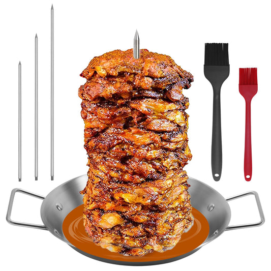 Al Pastor Skewer for Grill, Stainless Steel Vertical Skewer, Brazilian Vertical Spit Stand with 3 Removable Spikes(8”/10"/12”) & Brushes, for Tacos Al Pastor, Shawarma Kebabs Smoker Oven BBQ Dishes