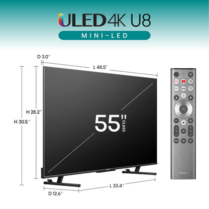Hisense 55-Inch Class U8 Series Mini-LED ULED 4K UHD Google Smart TV (55U8N, 2024 Model) - QLED, Dolby Vision IQ, Dolby Atmos, Full Array Local Dimming Pro, 144Hz Game Mode Pro, Alexa Compatibility