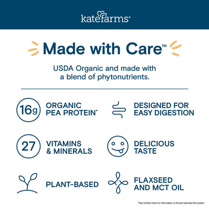 KATE FARMS Organic Nutrition Shake, Chocolate, 16g Protein, 27 Vitamins and Minerals, Protein Meal Replacement Drink, Protein Shake, 11 oz (12 Pack)