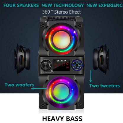 Bluetooth Speaker, 40W (60W Peak) Portable Wireless Speaker with Colorful Lights, Double Subwoofer Heavy Bass, FM Radio, MP3 Player, Bluetooth 5.0, Loud Stereo speakers for Home Outdoor Party Camping
