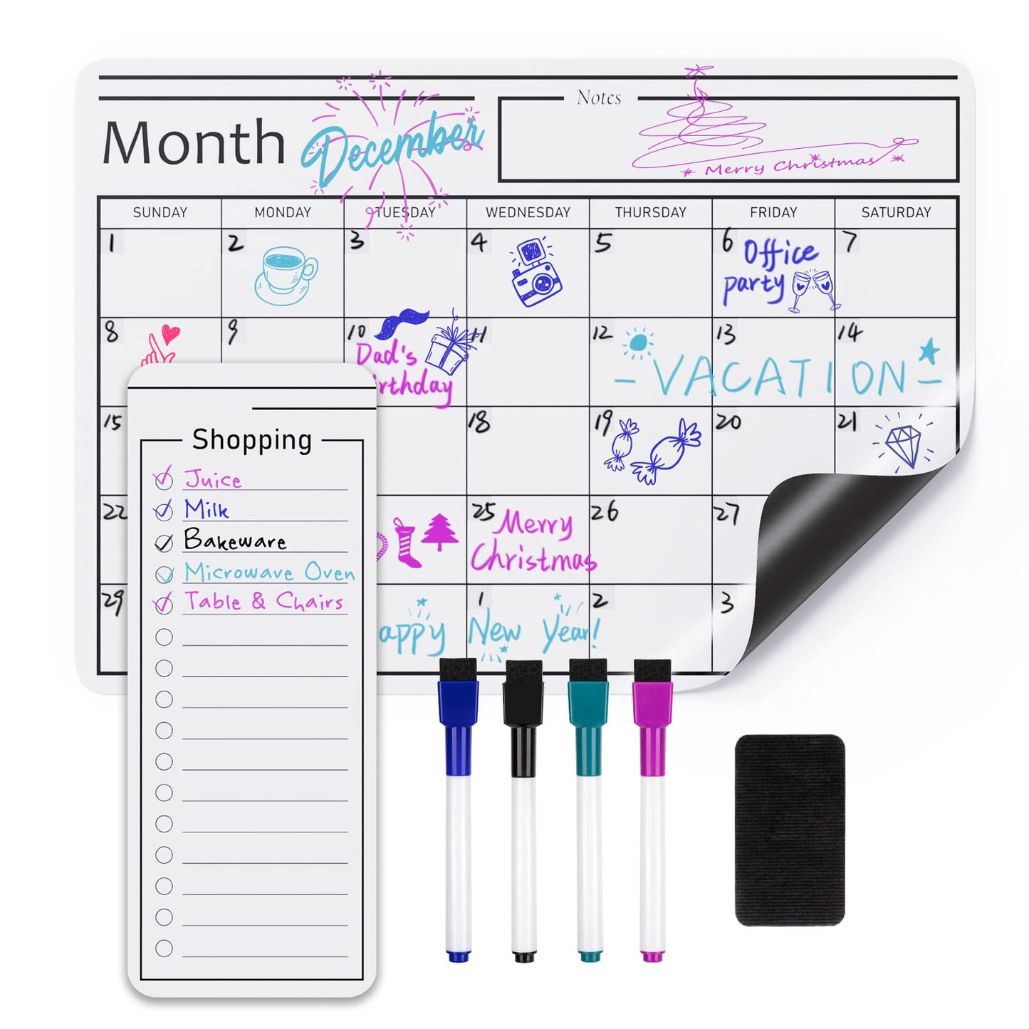 Amazon Basics Magnetic Dry Erase Whiteboard Calendar, 12" x 17", Includes 4 Markers And Eraser