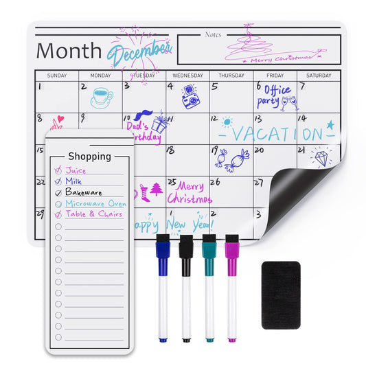 Amazon Basics Magnetic Dry Erase Whiteboard Calendar, 12" x 17", Includes 4 Markers And Eraser