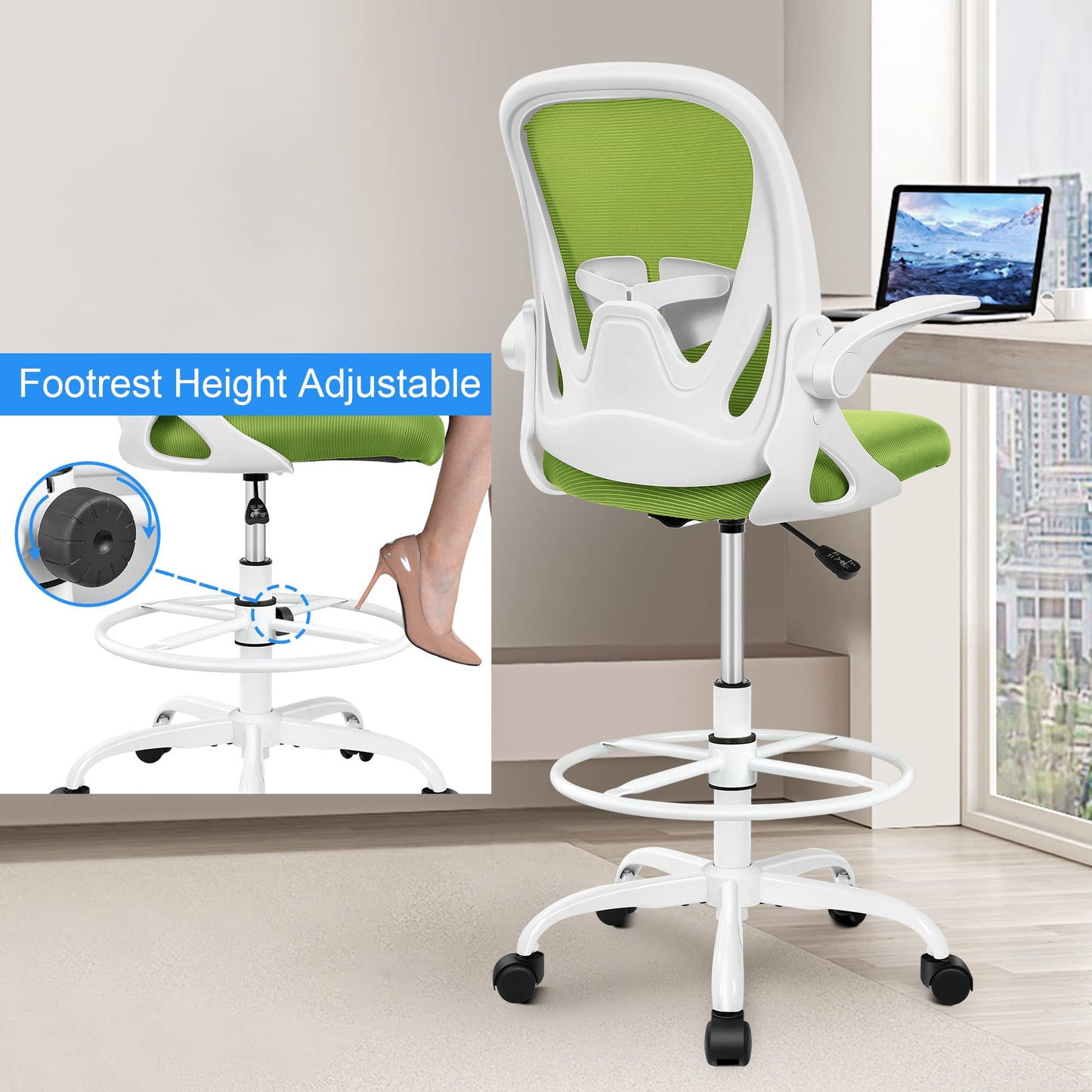 Primy Drafting Chair Tall Office Chair with Flip-up Armrests Executive Ergonomic Computer Standing Desk Chair with Lumbar Support and Adjustable Footrest Ring（Green）