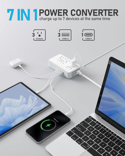 VASAIKO 220V to 110V Voltage Converter US to Europe, 2000W Voltage Converter for European Travel with 3 AC 2 USB-C 2 USB-A Ports, and Universal European Travel Adapter (Gray)