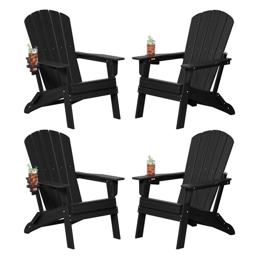 Plawdlik Folding Adirondack Chair Set of 4, Cup Holder，Wooden Textured ，Heavy All-Weather HDPE Comfortable Set Poolside Backyard Lawn Black