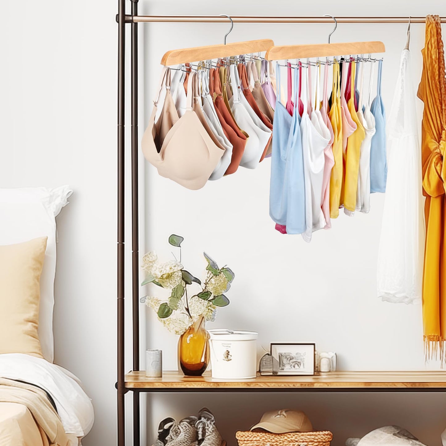 Resovo Tank Top Hanger with Premium Wood, 20 Large Capacity, Space Saving,360 Degree Rotating, Foldable Metal Hooks, Tank Tops