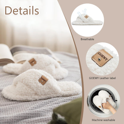 GOEWY Fuzzy Open Toe Slippers for Women Indoor and Outdoor with Memory Foam Cozy Cross Band Cute Slipper Soft House Shoes Slip On Gifts for Women Mom Her Ladies Bridesmaid White