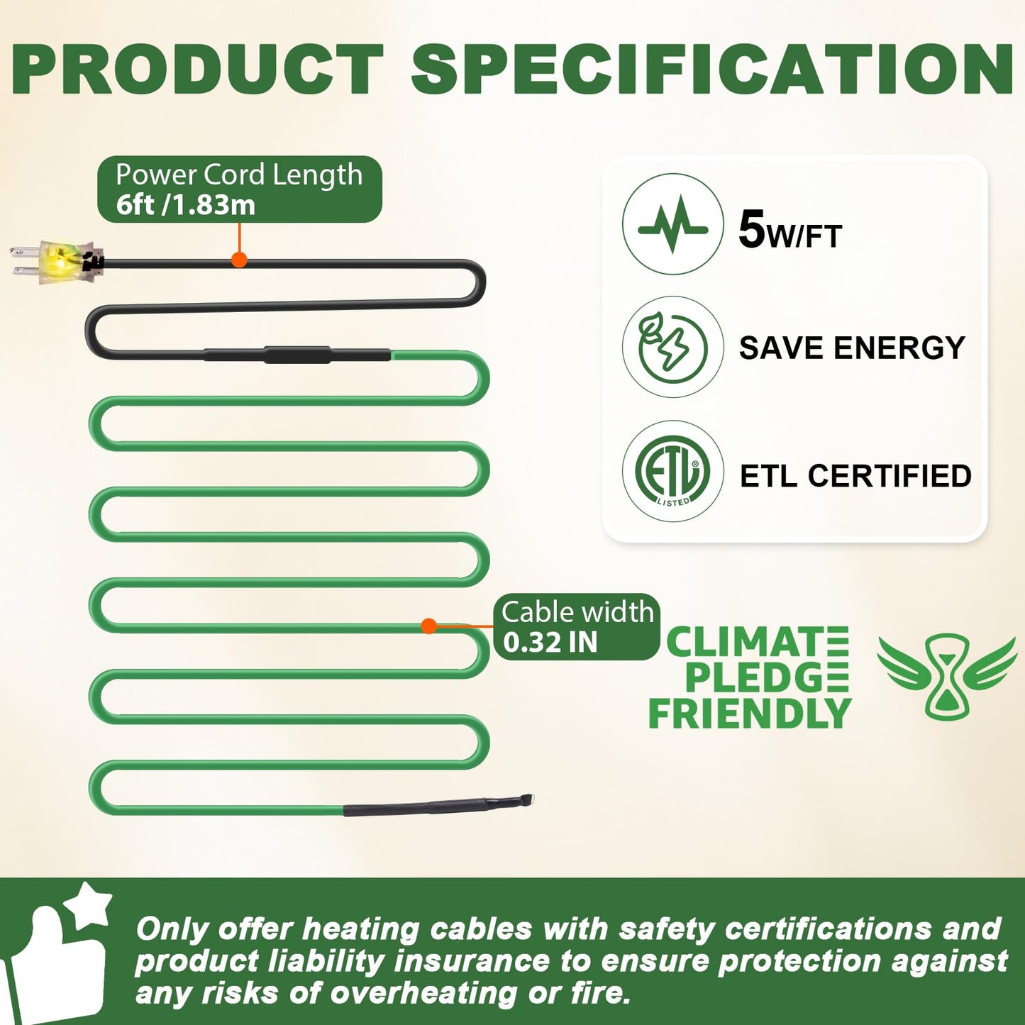 HEATIT Self Regulating Heating Cable Roof Deicing and Pipe freeze Protection Pipe Heat Cable for Metal And Plastic Pipes ETL Certified 120V 110FT