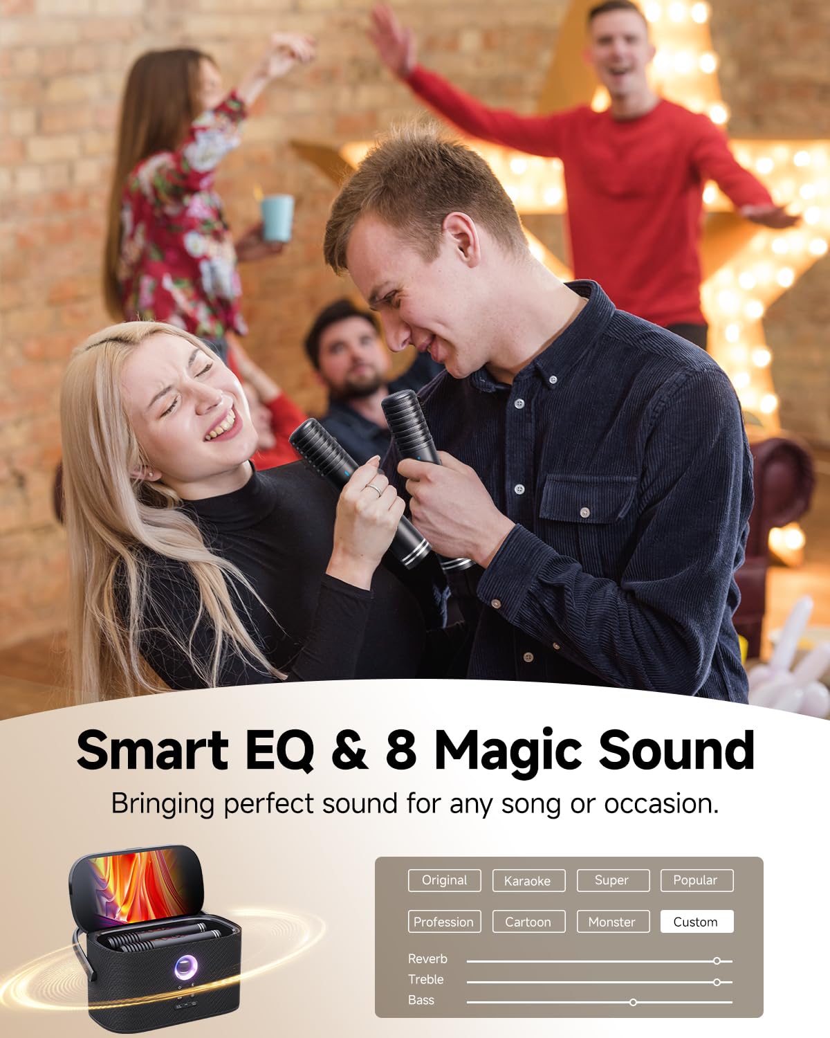 Ikarao Portable Karaoke Machine for Adults, Built-in Lyrics Display and Screen, 2 Self-Charging Wireless Microphones, Karaoke App, 140W Speaker, Connects to TV for Home Party Birthday Outdoor Camping