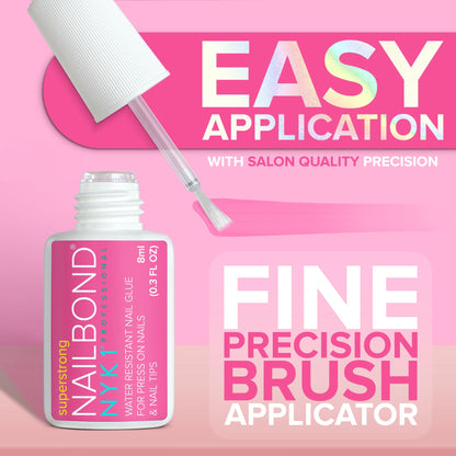 Super Strong Nail Glue for Press On Nails, Nail Tips & Acrylic Nails (8ml) NYK1 NailBond Brush On Glue for Press Ons, Tips & Acrylics - Long Lasting, Maximum Strength, Mess-Free Application