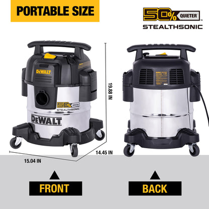 DEWALT 5 Gallon 4 HP STEALTHSONIC Shop Vacuum Wet and Dry DXV05S-QTB Ultra Quiet Stainless Steel Wet/Dry Vacuum Cleaner with Powerful Suction for Garage, Jobsite, and Workshop