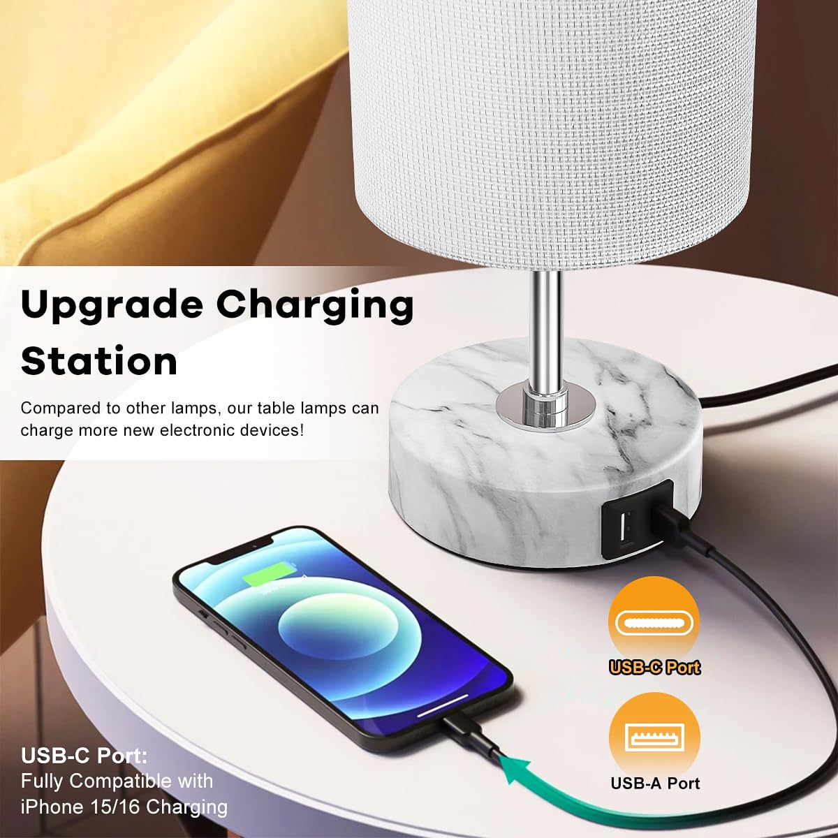 LuxeBeam 3-Way Dimmable Bedside Touch Lamp - USB-C and USB-A Ports, Faux Marble Base, White Shade with Silver Thread, Includes 8W LED Bulb for Bedroom, Living Room, Desk