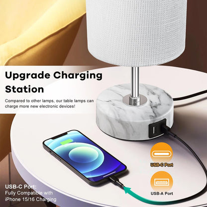 LuxeBeam 3-Way Dimmable Bedside Touch Lamp - USB-C and USB-A Ports, Faux Marble Base, White Shade with Silver Thread, Includes 8W LED Bulb for Bedroom, Living Room, Desk