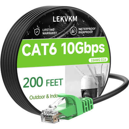 LEKVKM Cat 6 Ethernet Cable 200 ft High Speed 23AWG RJ45 Internet Cable for Outdoor & Indoor Support CAT6 Network Solid Black Computer LAN for PC，200Feet