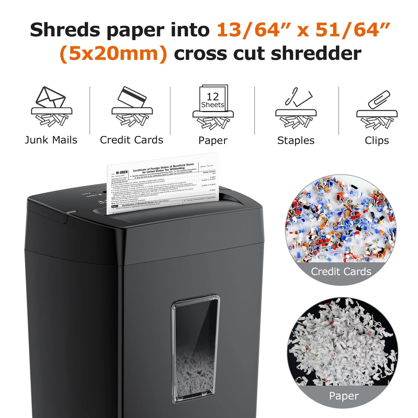 Bonsaii 12-Sheet Cross Cut Paper Shredder, 5.5 Gal Home Office Heavy Duty Shredder for Paper, Credit Card, Mail, Staples, with Transparent Window, High Security Level P-4 (C275-A)