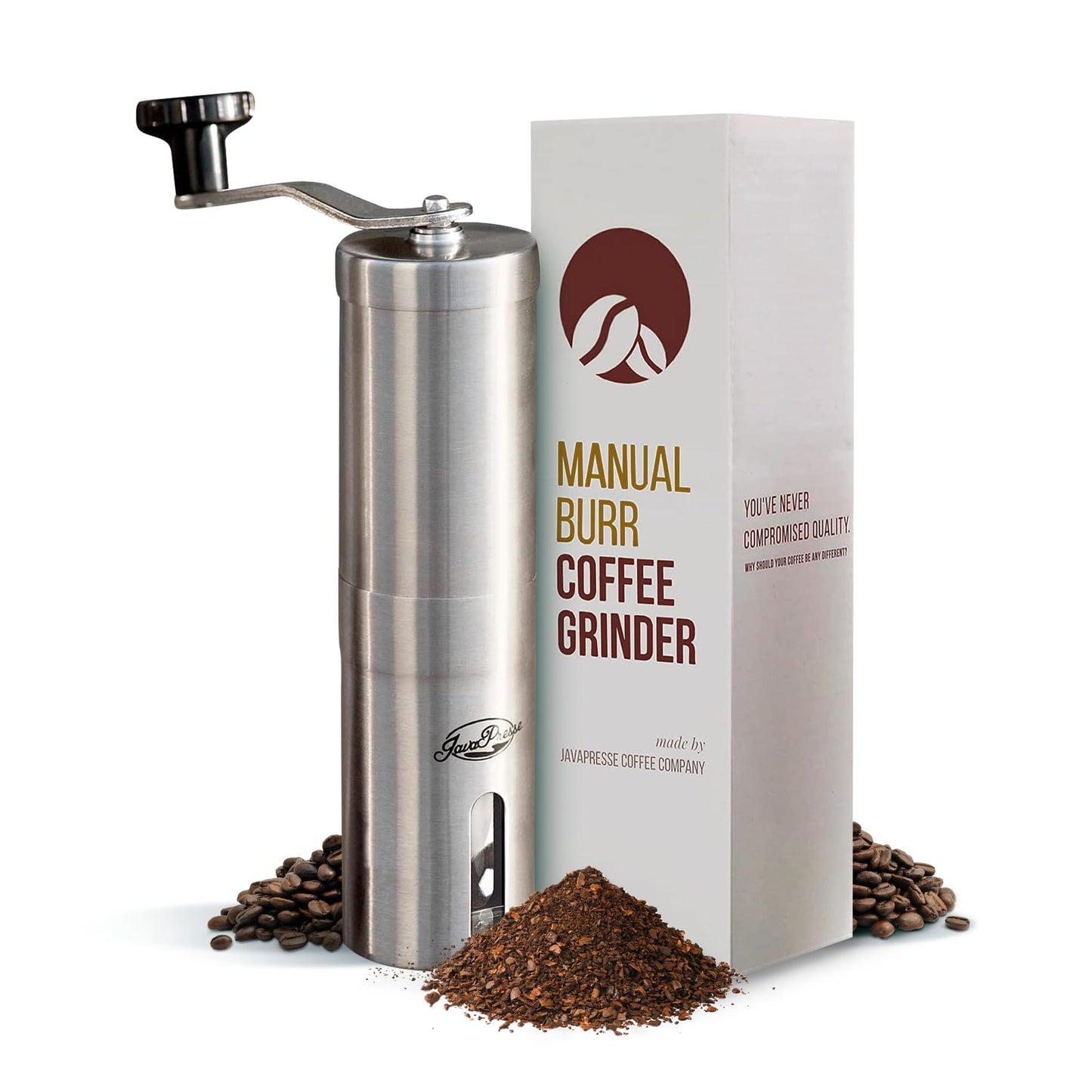 JavaPresse Manual Stainless Steel Coffee Grinder - 18 Adjustable Settings, Portable Conical Burr Grinder for Camping, Travel, Espresso - With Hand Crank
