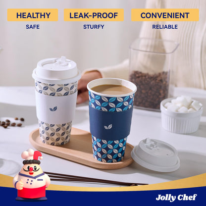 JOLLY CHEF 16 oz Coffee Cups with Lids 100 Pack, Disposable Hot Paper Coffee Cups with Lids, Sleeves and Stirrers for Christmas, Thanksgiving, Party