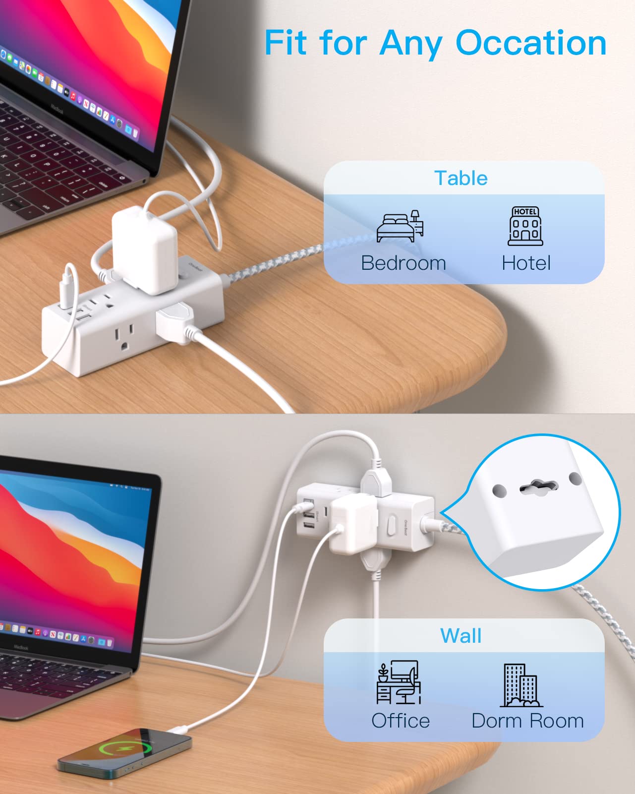 Power Strip Surge Protector - One Beat 6 Widely Outlets with 3 USB Ports (1 USB C), 5 Ft Extension Cord Flat Plug, Wall Mount Outlet Extender Small Power Strip for Travel Home Office College Dorm Room