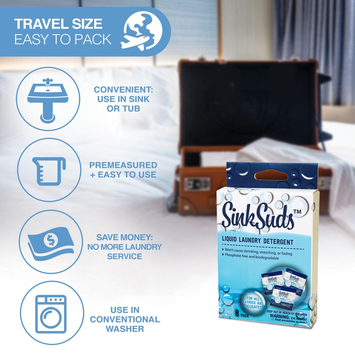 SinkSuds Laundry Detergent, Travel Size Liquid Soap, TSA Compliant, Safe For All Fabrics, 8 Packets (Packaging May Vary)