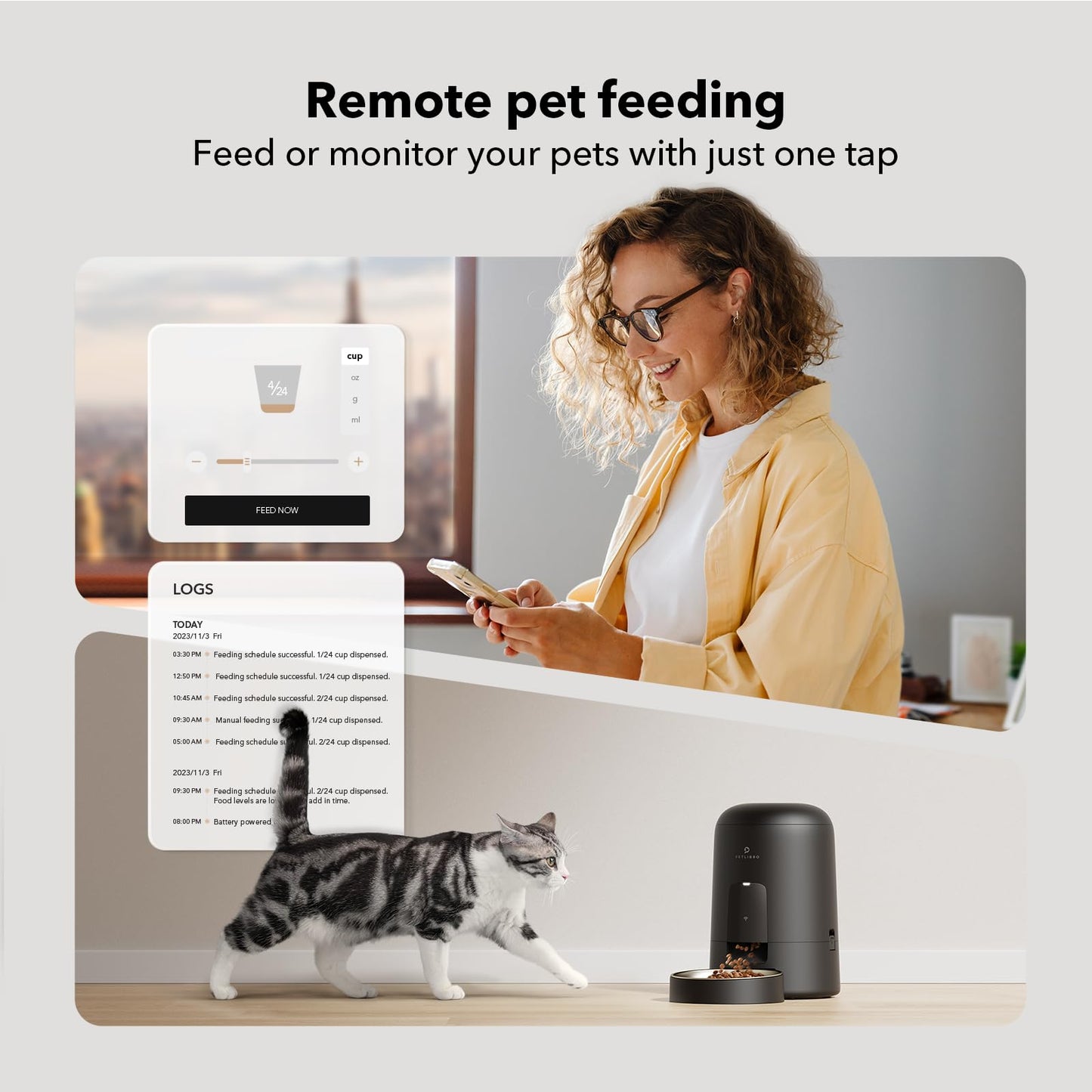 PETLIBRO Automatic Cat Feeder, Wi-Fi Rechargeable Cat Food Dispenser Battery-Operated with 30-Day Life, AIR 2.4G Wi-Fi Timed Pet Feeder for Cat & Dog, 2L Auto Cat Feeder, Black