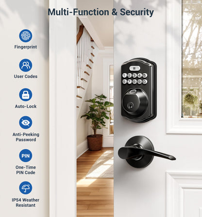 Veise Fingerprint Door Lock with 2 Lever Handles - Keyless Entry Door Lock, Electronic Keypad Deadbolt, Digital Smart Code & Front Handle Sets, Auto-Locking, Easy Installation, Matte Black