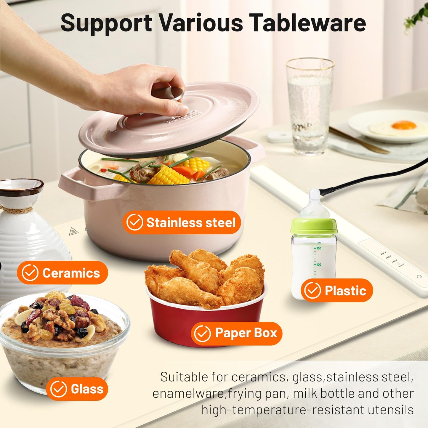 OPYAAON Food Warming Mat Electric Warming Tray: Adjustable Silicone Heating Pad with 3 Temp Settings.Portable Roll Up Hot Plate for Buffets Party Gatherings Kitchen Warmer Countertop Holiday (Cream)