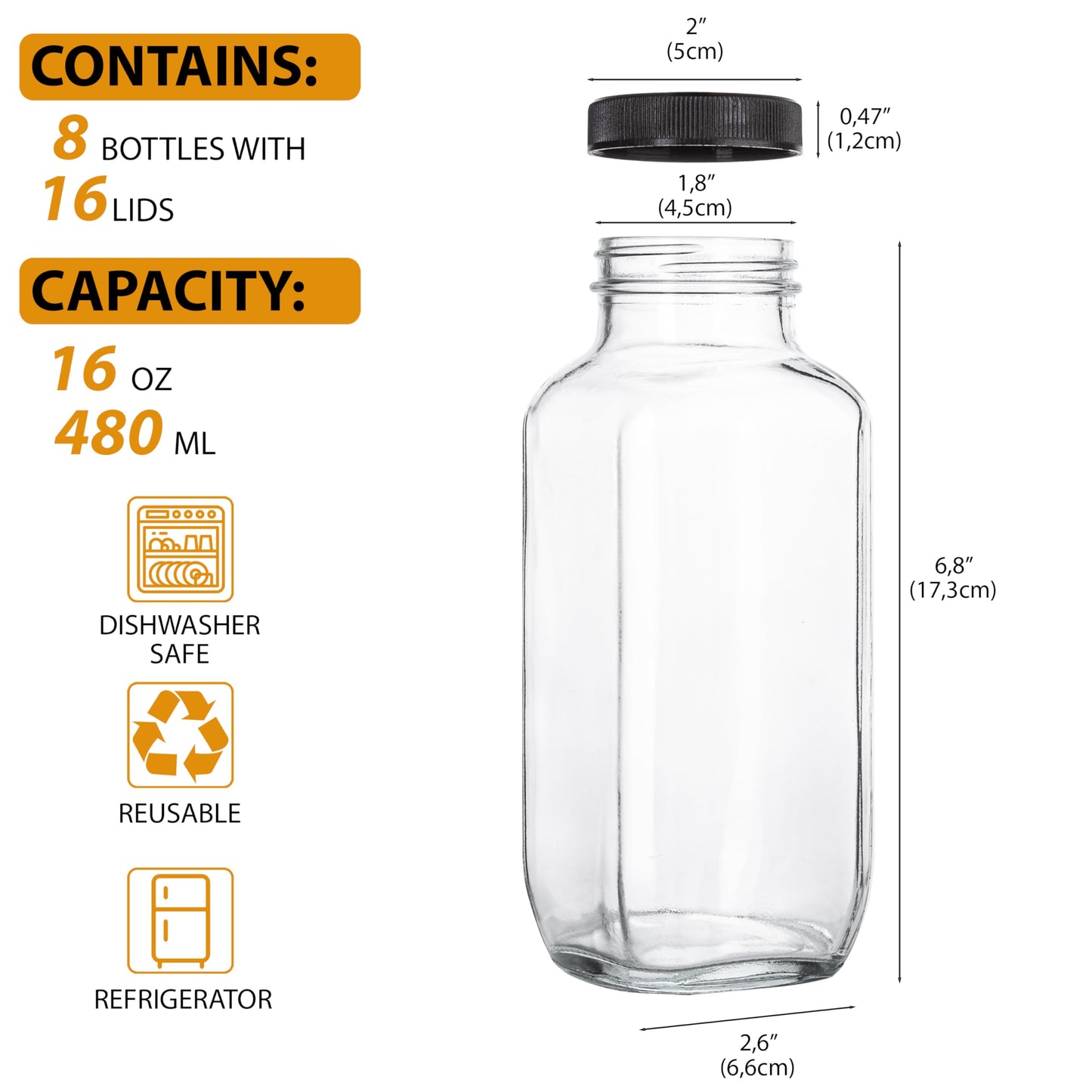 umud Juice Bottles with Lids, 16 Oz - Set of 8 - Clear Glass Jars with Caps - Reusable Empty Drink Containers for Juicing, Smoothies, Water, Milk, Kombucha Storage, Wellness Shots and More (8)