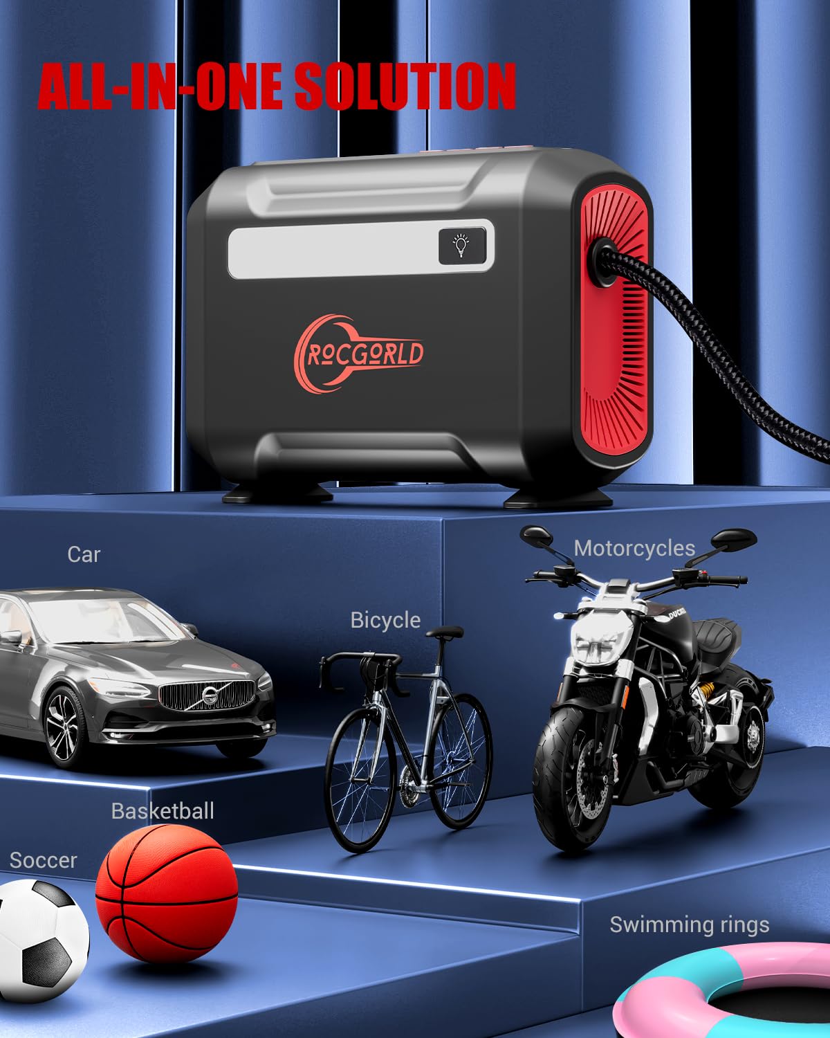 ROCGORLD R8 Tire Inflator Portable Air Compressor, DC 12V Air Compressor Portable with Large Dual Digital Screen, 3X Faster Inflation Air Pump for Car, Bike, Ball, Motor