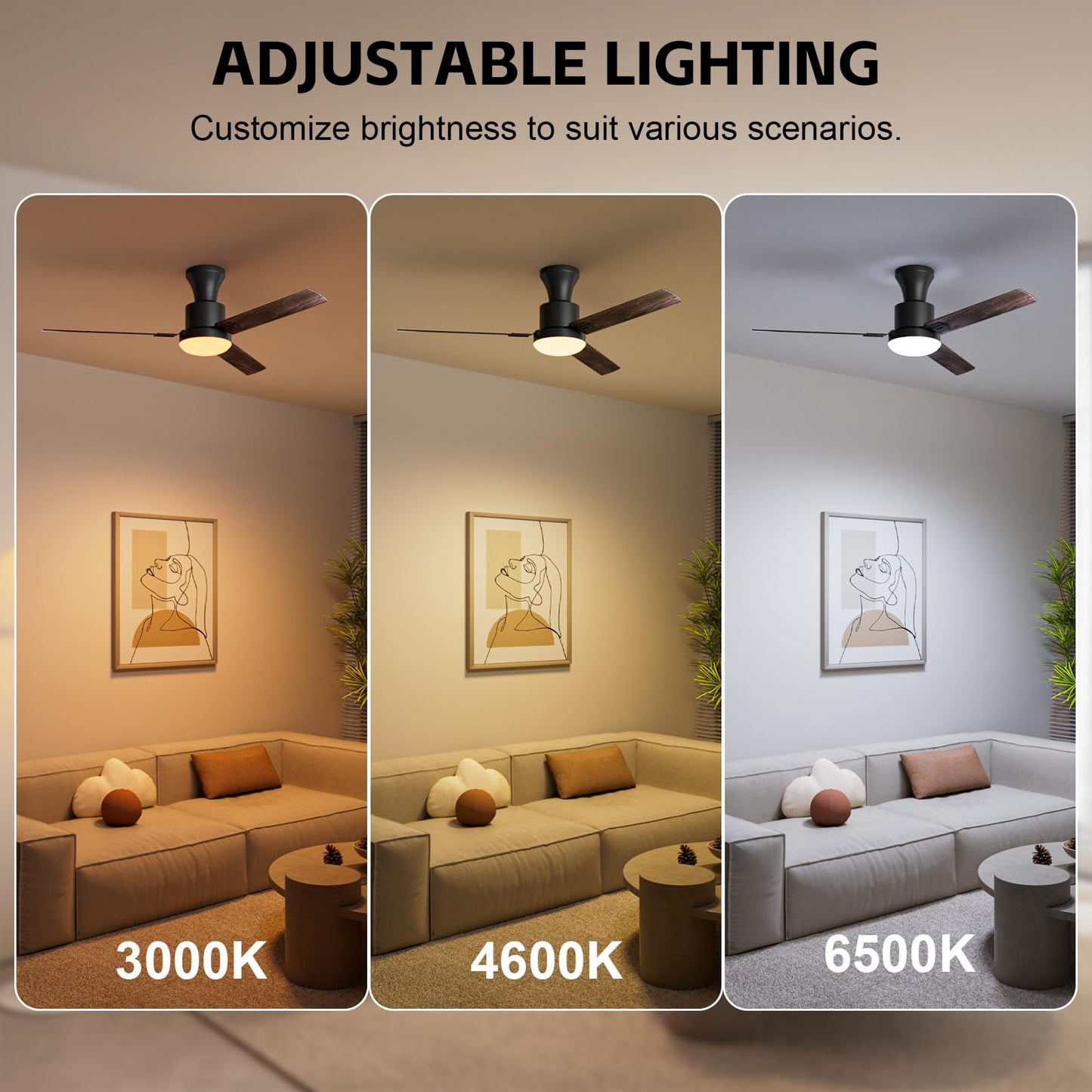 Obabala Ceiling Fans with Lights, 42 inch Flush Mount Ceiling Fan with Light and Remote Control & APP Reversible Dimmable Noiseless Ceiling Fan for Bedroom Indoor/Outdoor