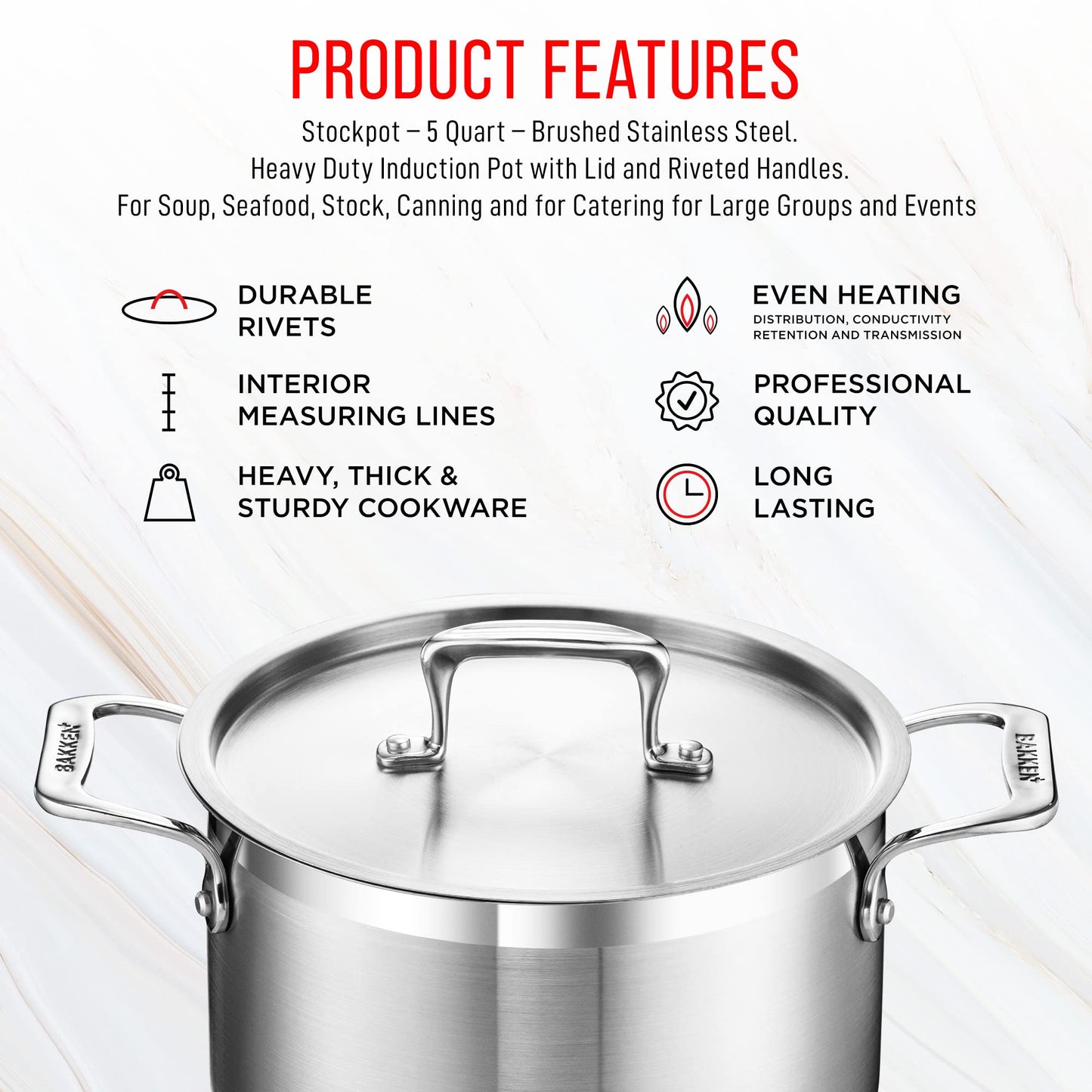 Stockpot – 5 Quart – Brushed Stainless Steel – Heavy Duty Induction Pot with Lid and Riveted Handles – For Soup, Seafood, Stock, Canning and for Catering for Large Groups and Events by BAKKEN