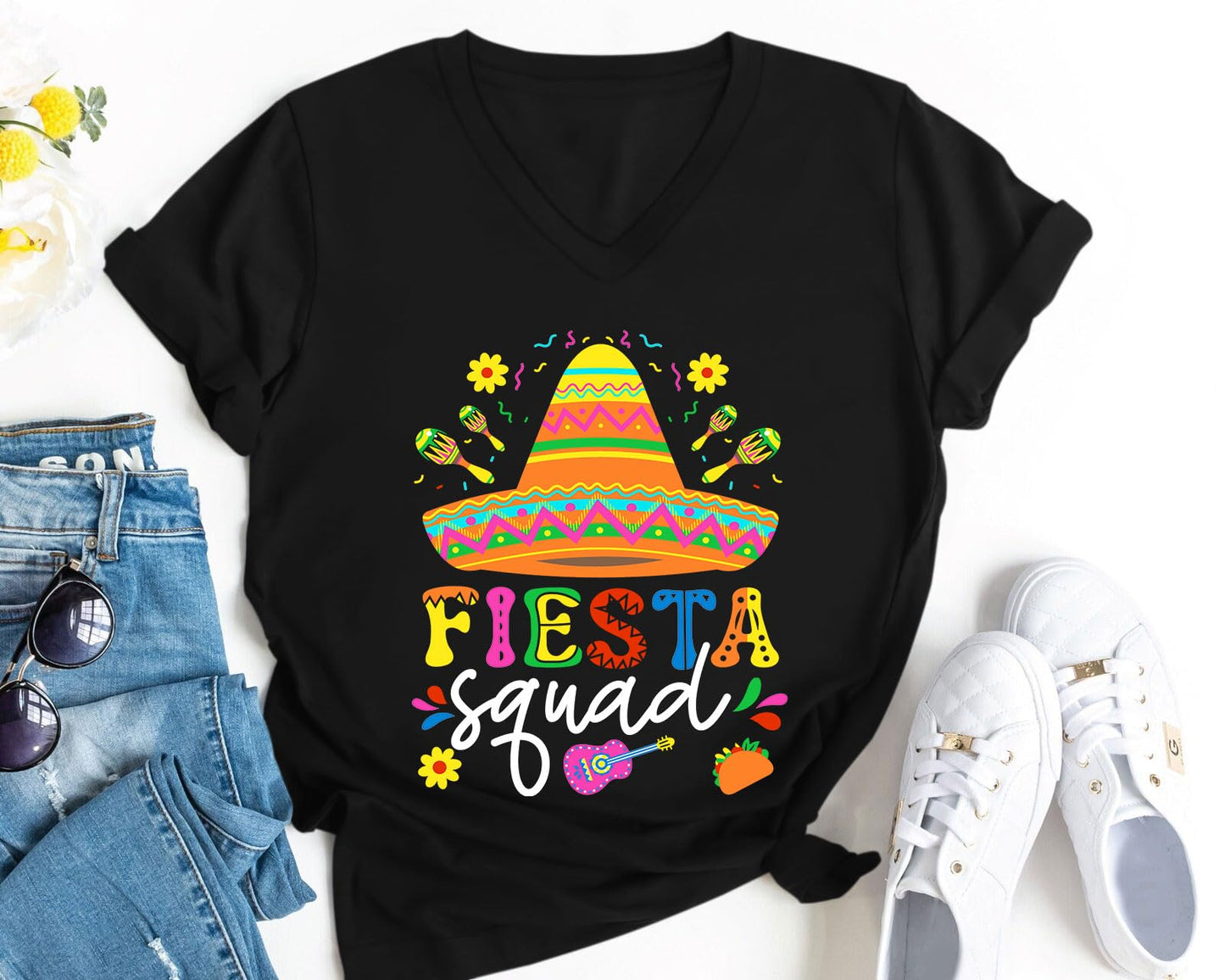 QAUN Cinco De Mayo Shirts for Women: Mexican V Neck Tshirt Let's Fiesta Tops Sombrero May 5th Tees(Black2, XX-Large)