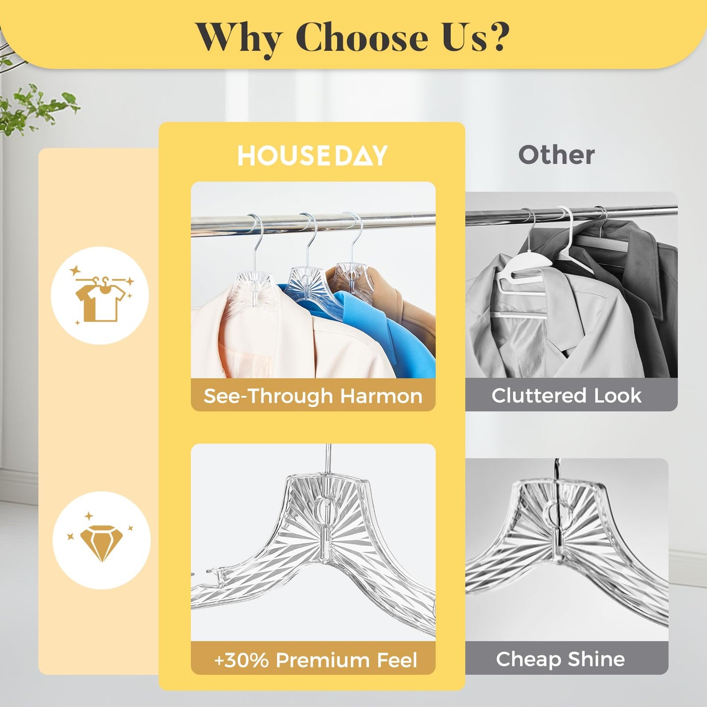 HOUSE DAY Clear Plastic Hangers 12 Pack, Durable Crystal Hangers for Clothes, Light Weight Plastic Dress Hanger for Women, Versatile 16.7‘’ Hanger for Closet and Retail Use, with 360° Swivel Hook