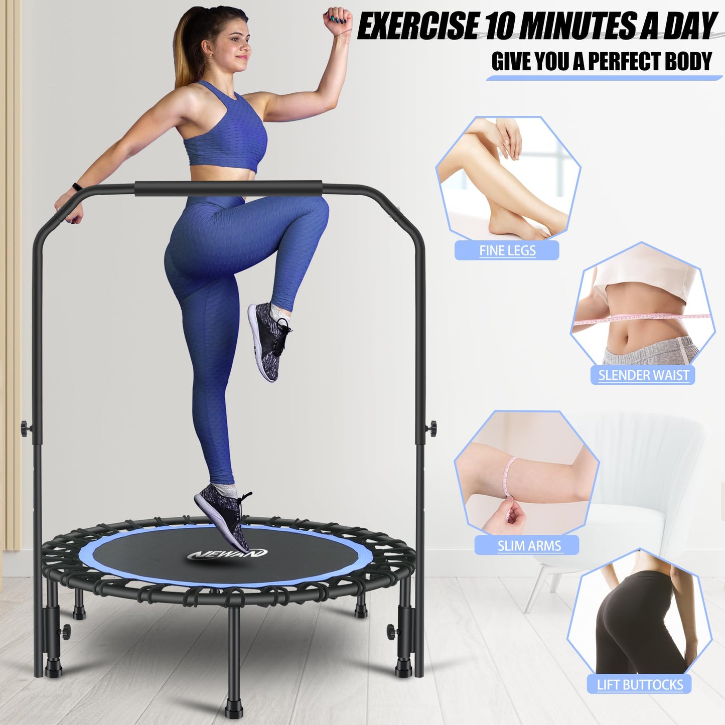 Newan 40" Silent Mini Trampoline with Adjustable Handle Bar Fitness Trampoline Bungee Rebounder Jumping Cardio Trainer Workout for Adults - Max Limit 330 lbs