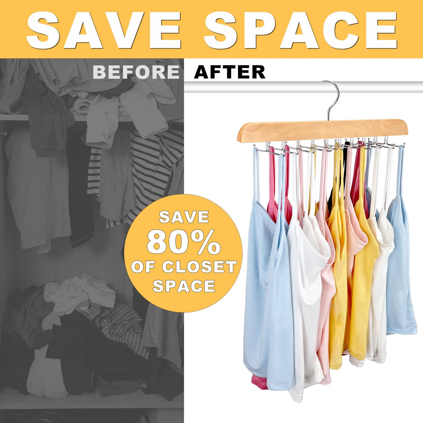 Resovo Tank Top Hanger with Premium Wood, 20 Large Capacity, Space Saving,360 Degree Rotating, Foldable Metal Hooks, Tank Tops