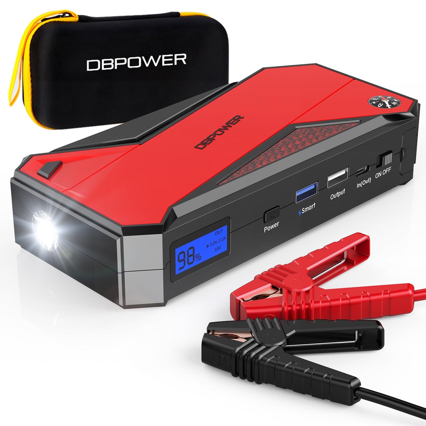 DBPOWER Peak 1600A 18000mAh Portable Car Jump Starter (up to 7.2L Gas, 5.5L Diesel Engine) Battery Booster with Smart Charging Port, Compass, LCD Screen and LED Light (Black/Red)