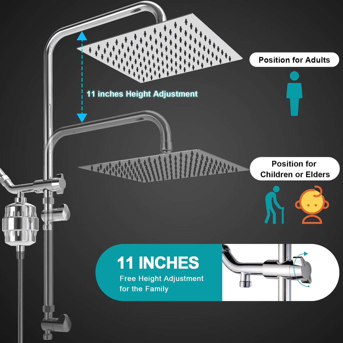 GwernKB Dual Shower Head with Filter Combo,Stainless Steel 10in Rainfall Showerhead with 10in Height Adjustable Slide Bar&3-Way Diverter,Handheld Shower Head with On Off Switch&Adhesive Shower Holder